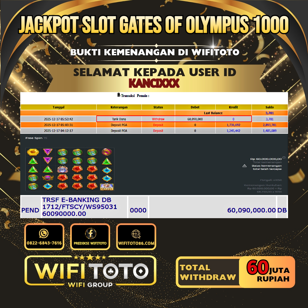 WIFITOTO JACKPOT SLOT GATES OF OLYMPUS 1000 RP.60.000.000.,-LUNAS USER ID : KANCI***	