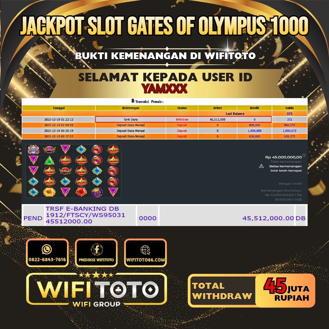 WIFITOTO JACKPOT SLOT GATES OF OLYMPUS 1000 RP.45.000.000.,-LUNAS USER ID : YAM***	