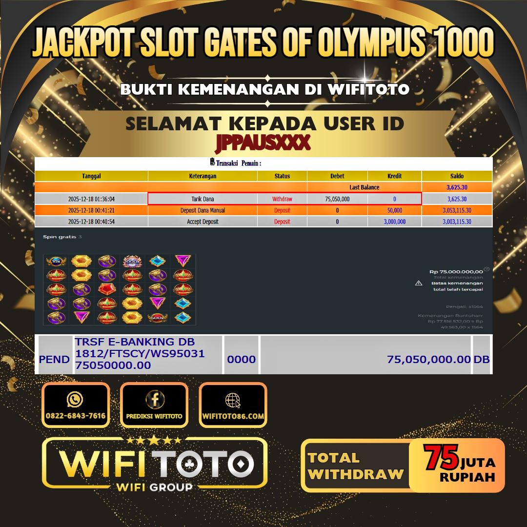 WIFITOTO JACKPOT SLOT GATES OF OLYMPUS 1000 RP.75.000.000.,-LUNAS USER ID : JPPAUS***	