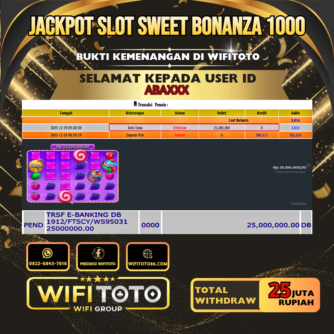 WIFITOTO JACKPOT SLOT SWEET BONANZA 1000 RP.25.000.000.,-LUNAS USER ID : ABA***	
