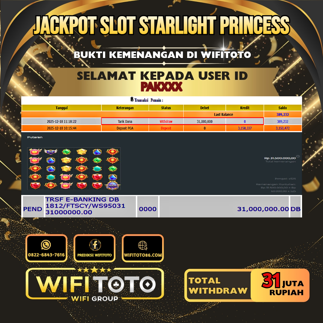 WIFITOTO JACKPOT SLOT STARLIGHT PRINCESS RP.31.000.000.,-LUNAS USER ID : PAK***	